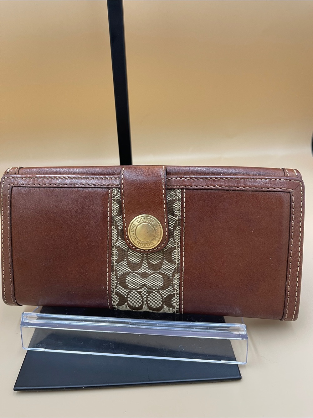 Coach Brown Leather and Signature Logo Wallet with Gold-Tone Snap